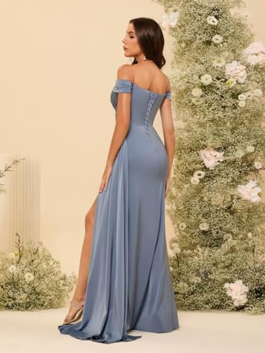 IKMNN Off The Shoulder Long Bridesmaid Dresses for Women Tight Pleated Satin Formal Dress with Slit IK011