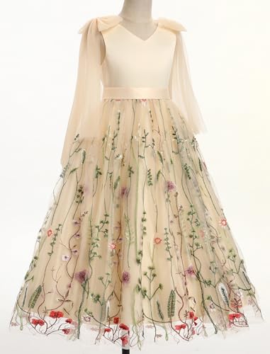 Flower Girl Maxi Dress Wedding Formal Bridesmaid Floral Embroidered Tulle Skirt Princess Pageant First Communion Gown