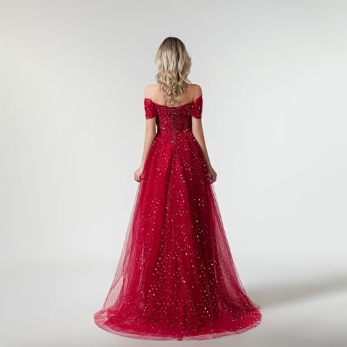 Sparkly Tulle Prom Dresses for Women Long Off Shoulder A-Line Formal Evening Party Gowns Masquerade Dresses