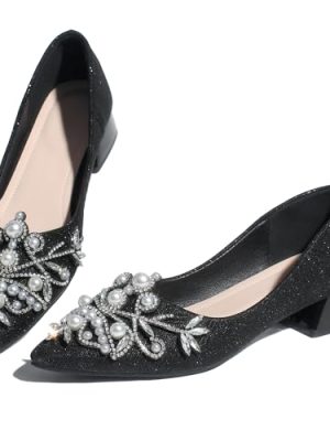 Women's Chunky Heel Comfortable Work Shoes Rhinestones Pearl Dress Wedding Pumps for Women - 1.18Inches Height