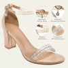 Womens Sandals High Heels Open Toe Rhinestone Pearl Block Chunky Heeled Ankle Strap Dressy Sexy Shoes for Wedding Party