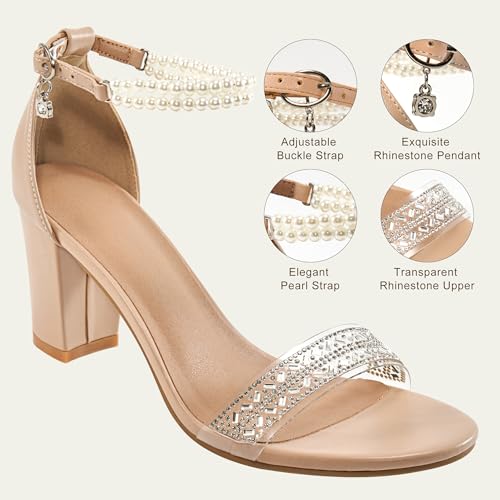 Womens Sandals High Heels Open Toe Rhinestone Pearl Block Chunky Heeled Ankle Strap Dressy Sexy Shoes for Wedding Party