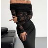 Women's Lace Off Shoulder Wedding Dresses Mesh Sheer Long Sleeve Bodycon Evening Gown