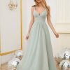 Women's Spaghetti Straps Bridesmaid Dresses Long Simple Chiffon Evening Formal Dress with Slits Pleated A Line Cocktail Gown