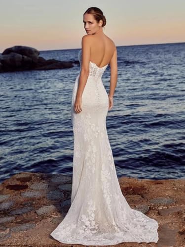 Strapless Beach Wedding Dresses Sexy Bridal Gown Lace Robe Backless Vintage Vestidos De Novia with Detachable Train