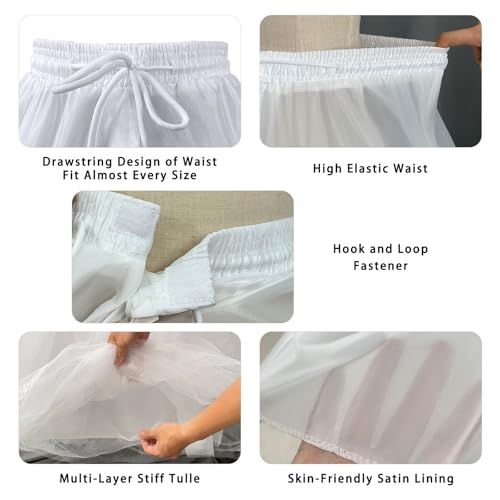 Women's 8 Layer Tulle Hoopless Petticoat Skirt with Lace Trim A-Line Long Crinoline Underskirt Slip for Bridal Ball Gown Wedding