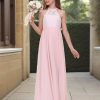 Chiffon Junior Bridesmaid Dress for Wedding Lace Applique Halter Sleeveless A-Line Long Formal Flower Girl Dress