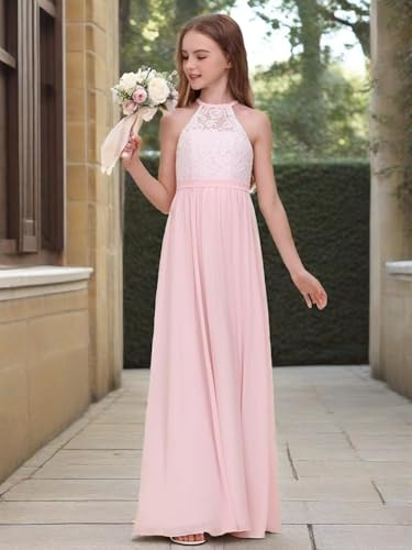 Chiffon Junior Bridesmaid Dress for Wedding Lace Applique Halter Sleeveless A-Line Long Formal Flower Girl Dress