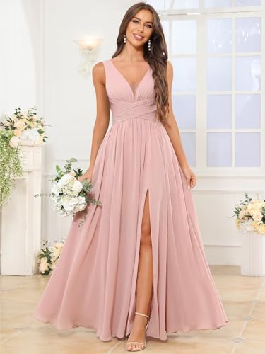 Chiffon Bridesmaid Dresses for Women Long V Neck Formal Evening Dresses with Slit