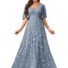 Sequin Mother of The Bride Dresses Chiffon V Neck Wedding Guest Dress with Short Sleeves