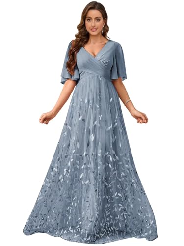 Sequin Mother of The Bride Dresses Chiffon V Neck Wedding Guest Dress with Short Sleeves
