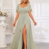Women's Sweetheart Flutter Sleeves Bridesmaid Dresses with Slit A-line Short Sleeves Chiffon Formal Evening Dress
