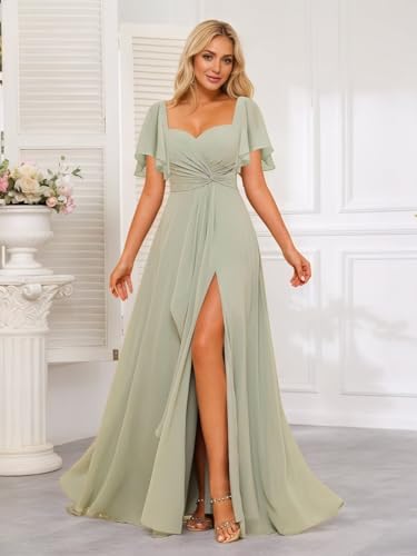 Women's Sweetheart Flutter Sleeves Bridesmaid Dresses with Slit A-line Short Sleeves Chiffon Formal Evening Dress
