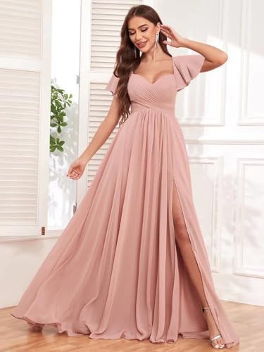 Chiffon Bridesmaid Dresses for Women Flutter Sleeve Pleated V Neck Long Formal Evening Gowns with Slit