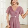 Women's Evening Gowns V Neck Ruched Short Sleeves A-line Glitter Formal Dresses