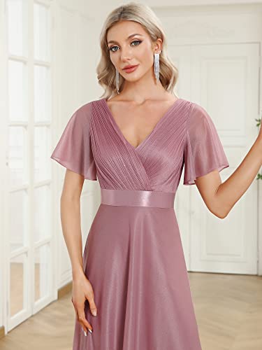 Women's Evening Gowns V Neck Ruched Short Sleeves A-line Glitter Formal Dresses