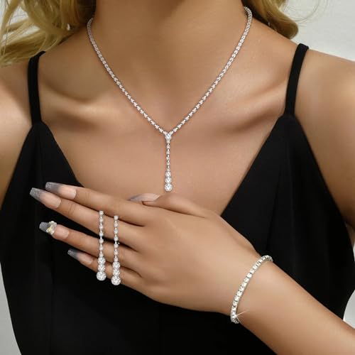 Silver Bridal Jewelry Set Rhinestone Necklace Bracelet Dangle Earrings for Bride Bridesmaid Teardrop Pendant Crystal Wedding