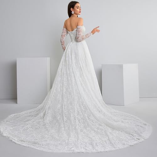 Women's Elegant Off-Shoulder Wedding Dress with French Lace Long Sleeves Floor-Length A-Line Bridal Gown for Engagement