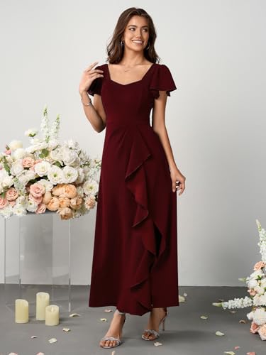 Womens Long Semi Formal Cocktail Dresses Square Neck Split Elegant Evening Party Gowns Ruffle Wedding Guest Dress