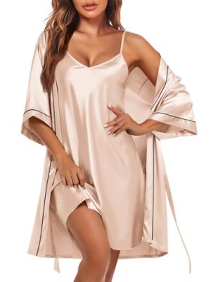 Women's Silk Robe Set V Neck 2 Piece Satin Bathrobes 3/4 Sleeves Bridal Sleepwear Sexy Cami Nightgown