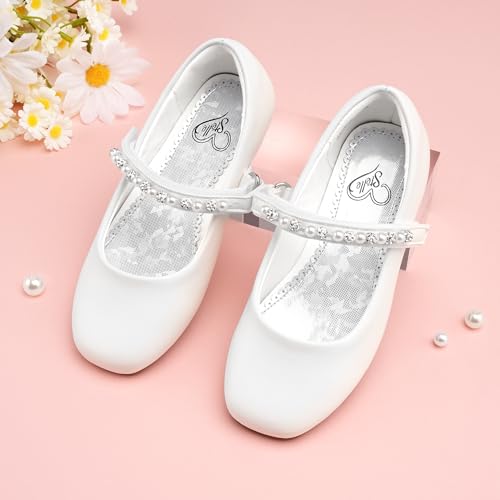 Girls Wedding Dress Shoes Ballet Flats Flower Party Mary Jane with Beaded Straps Toddler/Little/Big Kids