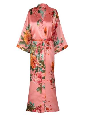 Womens Silk Kimono Robe Long Floral Bridesmaids Robe Satin Wedding Party Bridal Robe Dressing Gown Loungewear