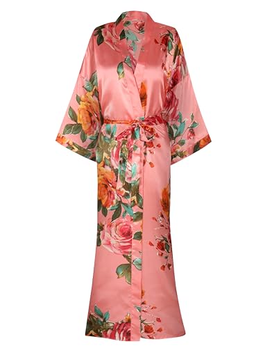 Womens Silk Kimono Robe Long Floral Bridesmaids Robe Satin Wedding Party Bridal Robe Dressing Gown Loungewear