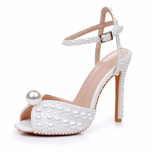 Full Pearls Stiletto heels Sandals Thin High Heels Peep Toe Sandals White Pearls Bridal Wedding Shoes Evening Wedding Sandals