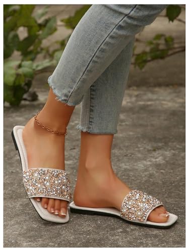 Women's Glitter Jeweled Slippers Sparkly Pearls Beaded Sandals Open Toe Slide Shoes