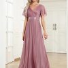 Women's Evening Gowns V Neck Ruched Short Sleeves A-line Glitter Formal Dresses