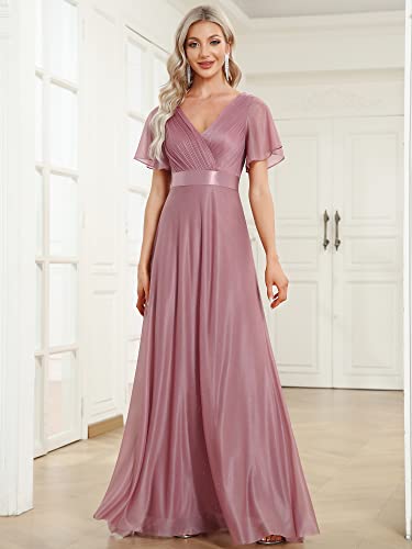 Women's Evening Gowns V Neck Ruched Short Sleeves A-line Glitter Formal Dresses