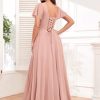 Chiffon Bridesmaid Dresses for Women Flutter Sleeve Pleated V Neck Long Formal Evening Gowns with Slit