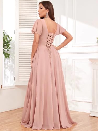Chiffon Bridesmaid Dresses for Women Flutter Sleeve Pleated V Neck Long Formal Evening Gowns with Slit