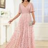 Sequin Mother of The Bride Dresses Chiffon V Neck Wedding Guest Dress with Short Sleeves