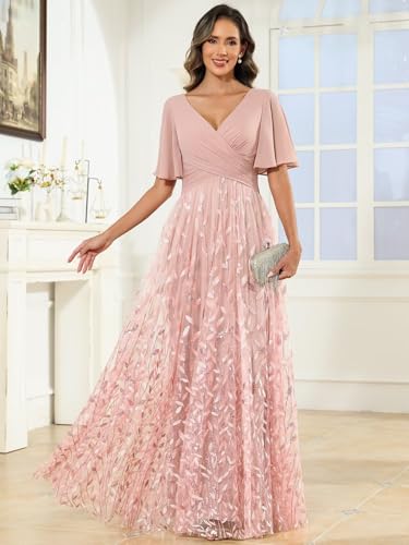 Sequin Mother of The Bride Dresses Chiffon V Neck Wedding Guest Dress with Short Sleeves
