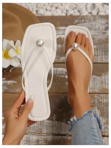 Women's Pearl Flip Flops Square Open Toe Thong Slide Dressy 2025 Wedding Dress Flat Sandals