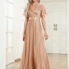 Women's Evening Gowns V Neck Ruched Short Sleeves A-line Glitter Formal Dresses
