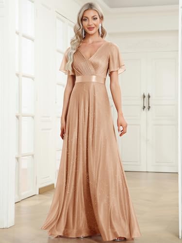 Women's Evening Gowns V Neck Ruched Short Sleeves A-line Glitter Formal Dresses