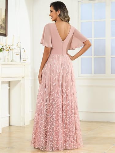 Sequin Mother of The Bride Dresses Chiffon V Neck Wedding Guest Dress with Short Sleeves