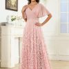 Sequin Mother of The Bride Dresses Chiffon V Neck Wedding Guest Dress with Short Sleeves