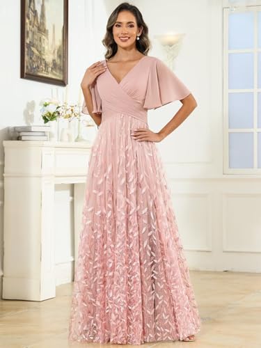 Sequin Mother of The Bride Dresses Chiffon V Neck Wedding Guest Dress with Short Sleeves