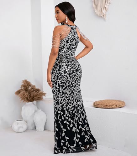Women Sexy Elegant Sequin Tassel Off Shoulder Halter Bodycon Maxi Dress Party Evening Gown Formal Dress