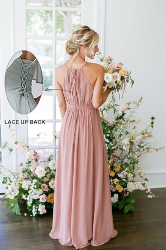 Women's Halter Chiffon Bridesmaid Dresses Long Simple A-Line Evening Formal Dresses with Belt CYM032