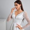 V-Neck A-Line Wedding Dress with Long Lace Sleeves Bodice & Chiffon/Satin Elegant Boho Bridal Gown for Church Ceremony