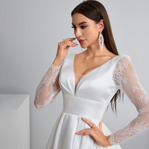 V-Neck A-Line Wedding Dress with Long Lace Sleeves Bodice & Chiffon/Satin Elegant Boho Bridal Gown for Church Ceremony