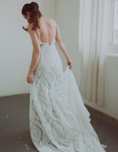 Women's Boho Lace Wedding Dress Removable Cold Sleeves V Neck Sheath Long Casual Bridal Gowns