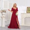 Women's Flutter Sleeves Chiffon Bridesmaid Dresses with Slit Long A Line V-Neck Formal Party Dress with Pockets