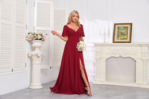 Women's Flutter Sleeves Chiffon Bridesmaid Dresses with Slit Long A Line V-Neck Formal Party Dress with Pockets