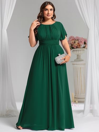 Women's Round Neck A Line Pleated Chiffon Short Sleeves Plus Size Formal Gowns Bridesmaid Dresses