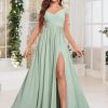 Off The Shoulder Bridesmaid Dresses for Women Long Slit Chiffon Pleated Formal Wedding Guest Dress with Pockets